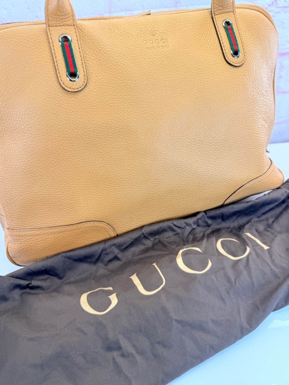 Gucci Princy Web Large Tan Leather Tote Bag Rare - Picture 15 of 16